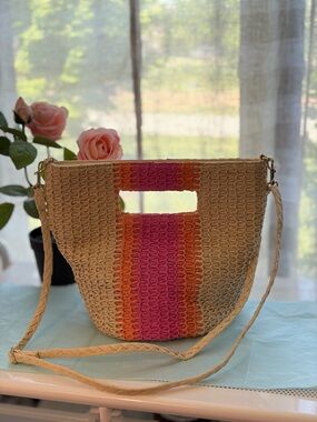 Universal Thread Woven Straw Crossbody with Pink & Orange Stripe